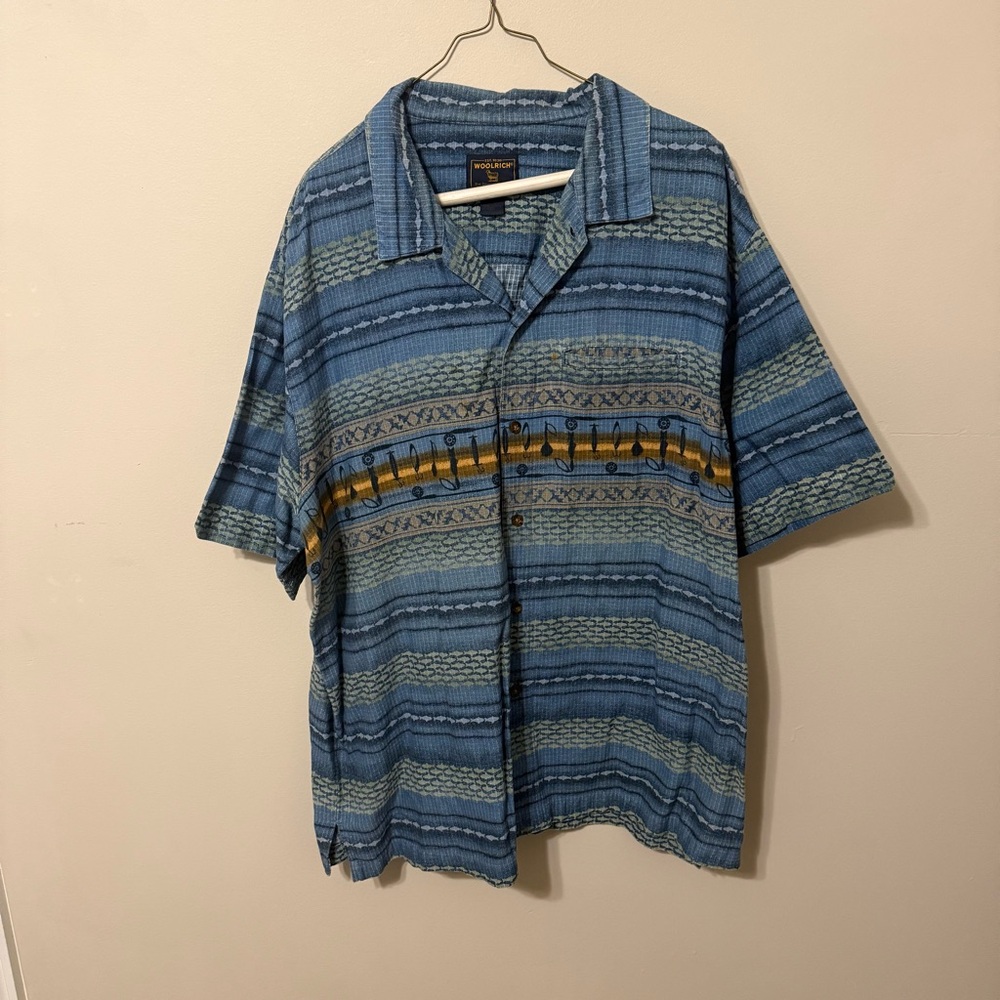 Woolrich Blue and Yellow Fishing Patterned Casual Shirt